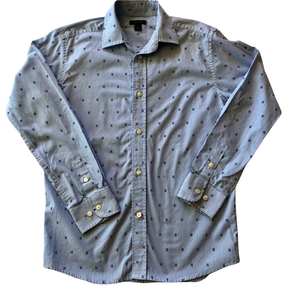 EUC Tommy Hilfiger Button Down H print pinstripe boys shirt size 12